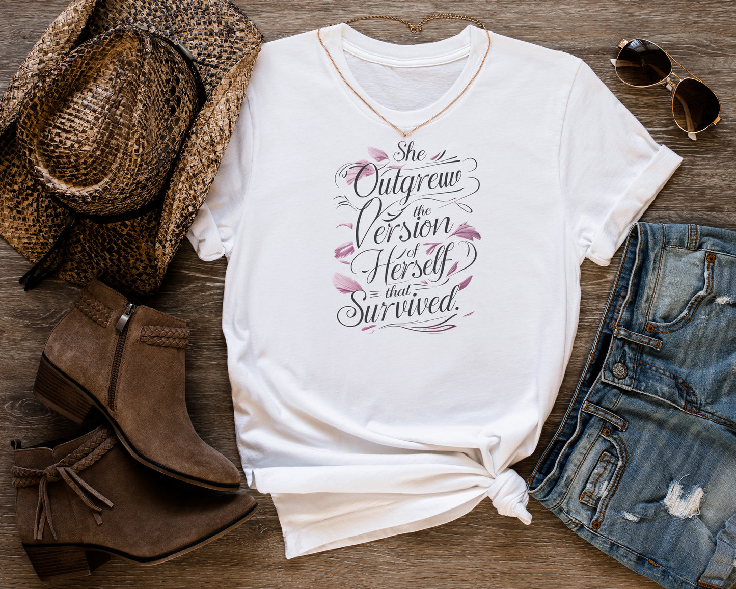 Empowering Quote Tee: 'She Outgrew the Version of Herself that Survived'